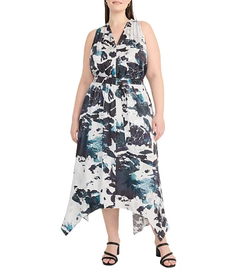 Maggy London Plus Size Handkerchief Hem Printed Midi Dress