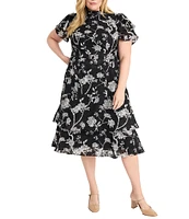 Maggy London Plus Size Jacquard Mock Neck Short Sleeve Tiered Ruffle Hem Midi Sheath Dress