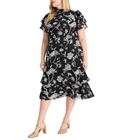 Maggy London Plus Size Jacquard Mock Neck Short Sleeve Tiered Ruffle Hem Midi Sheath Dress