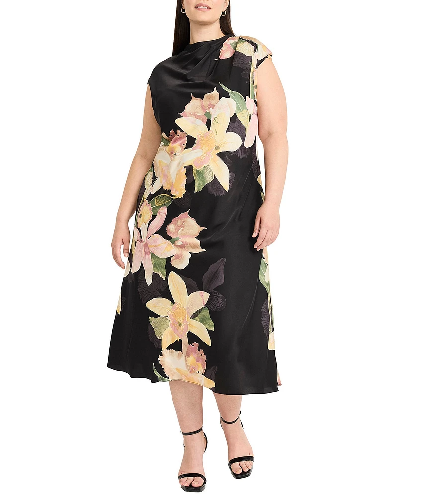 Maggy London Plus Size Mock Neck Cap Sleeve Floral Placement Print Midi Sheath Dress