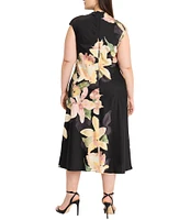 Maggy London Plus Size Mock Neck Cap Sleeve Floral Placement Print Midi Sheath Dress