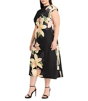 Maggy London Plus Size Mock Neck Cap Sleeve Floral Placement Print Midi Sheath Dress