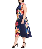 Maggy London Plus Size Mock Neck Cap Sleeve Floral Placement Print Midi Sheath Dress