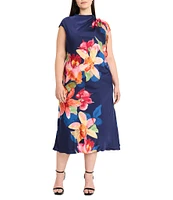 Maggy London Plus Size Mock Neck Cap Sleeve Floral Placement Print Midi Sheath Dress