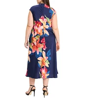 Maggy London Plus Size Mock Neck Cap Sleeve Floral Placement Print Midi Sheath Dress