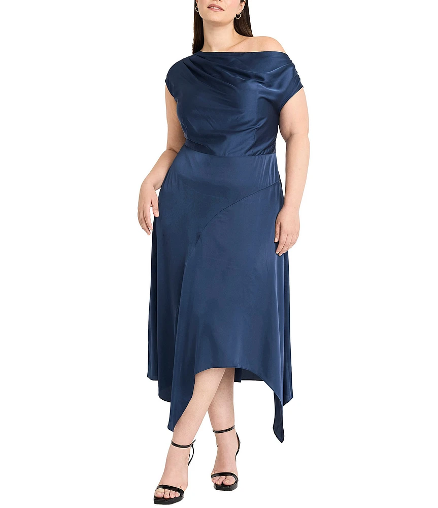 Maggy London Plus Size One Shoulder Short Sleeve Asymmetrical Hem Midi Sheath Dress