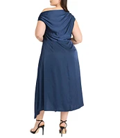 Maggy London Plus Size One Shoulder Short Sleeve Asymmetrical Hem Midi Sheath Dress