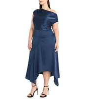 Maggy London Plus Size One Shoulder Short Sleeve Asymmetrical Hem Midi Sheath Dress