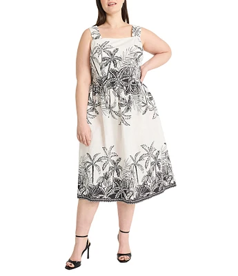 Maggy London Plus Size Tropical Palm Print Sleeveless A-Line Midi Dress