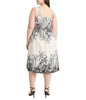 Maggy London Plus Size Tropical Palm Print Sleeveless A-Line Midi Dress