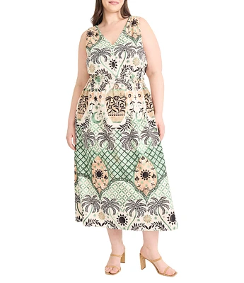 Maggy London Plus Size Palm Tree Print Sleeveless V-Neck A-Line Midi Dress