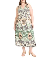 Maggy London Plus Size Palm Tree Print Sleeveless V-Neck A-Line Midi Dress