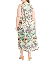 Maggy London Plus Size Palm Tree Print Sleeveless V-Neck A-Line Midi Dress