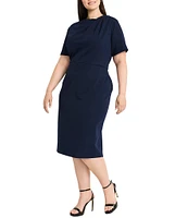 Maggy London Plus Size Pleated Crew Neck Short Sleeve Scuba Crepe Sheath Dress