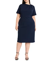 Maggy London Plus Size Pleated Crew Neck Short Sleeve Scuba Crepe Sheath Dress