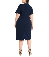 Maggy London Plus Size Pleated Crew Neck Short Sleeve Scuba Crepe Sheath Dress