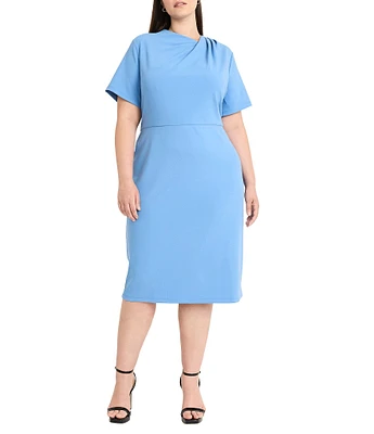 Maggy London Plus Size Pleated Crew Neck Short Sleeve Scuba Crepe Sheath Dress