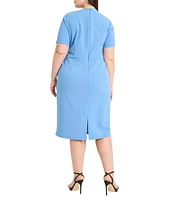 Maggy London Plus Size Pleated Crew Neck Short Sleeve Scuba Crepe Sheath Dress