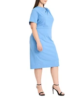 Maggy London Plus Size Pleated Crew Neck Short Sleeve Scuba Crepe Sheath Dress