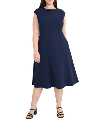 Maggy London Plus Size Scuba Crepe Crew Neck Sleeveless A-Line Midi Dress