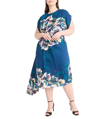 Maggy London Plus Size Short Sleeve Crew Neck Floral A- Line Asymmetric Hem Midi Dress