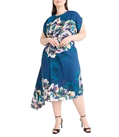 Maggy London Plus Size Short Sleeve Crew Neck Floral A- Line Asymmetric Hem Midi Dress