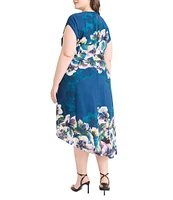 Maggy London Plus Size Short Sleeve Crew Neck Floral A- Line Asymmetric Hem Midi Dress