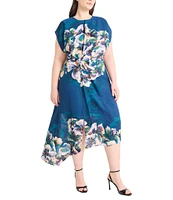 Maggy London Plus Size Short Sleeve Crew Neck Floral A- Line Asymmetric Hem Midi Dress