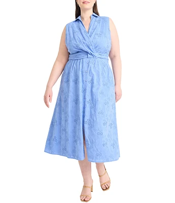 Maggy London Plus Size Sleeveless V-Neck Collar Shirt Midi Dress