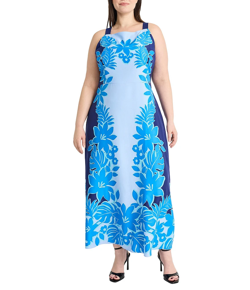 Maggy London Plus Size Sleevless Floral Print Square Neck Sheath Maxi Dress