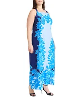 Maggy London Plus Size Sleevless Floral Print Square Neck Sheath Maxi Dress