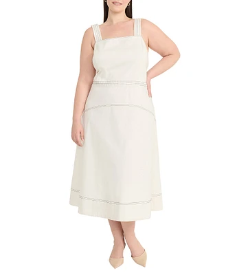 Maggy London Plus Size Square Neck Sleeveless Yoke Skirt Poplin A-Line Midi Dress