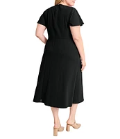 Maggy London Plus Size V-Neck Flutter Sleeve Asymmetrical Trim A-Line Midi Dress