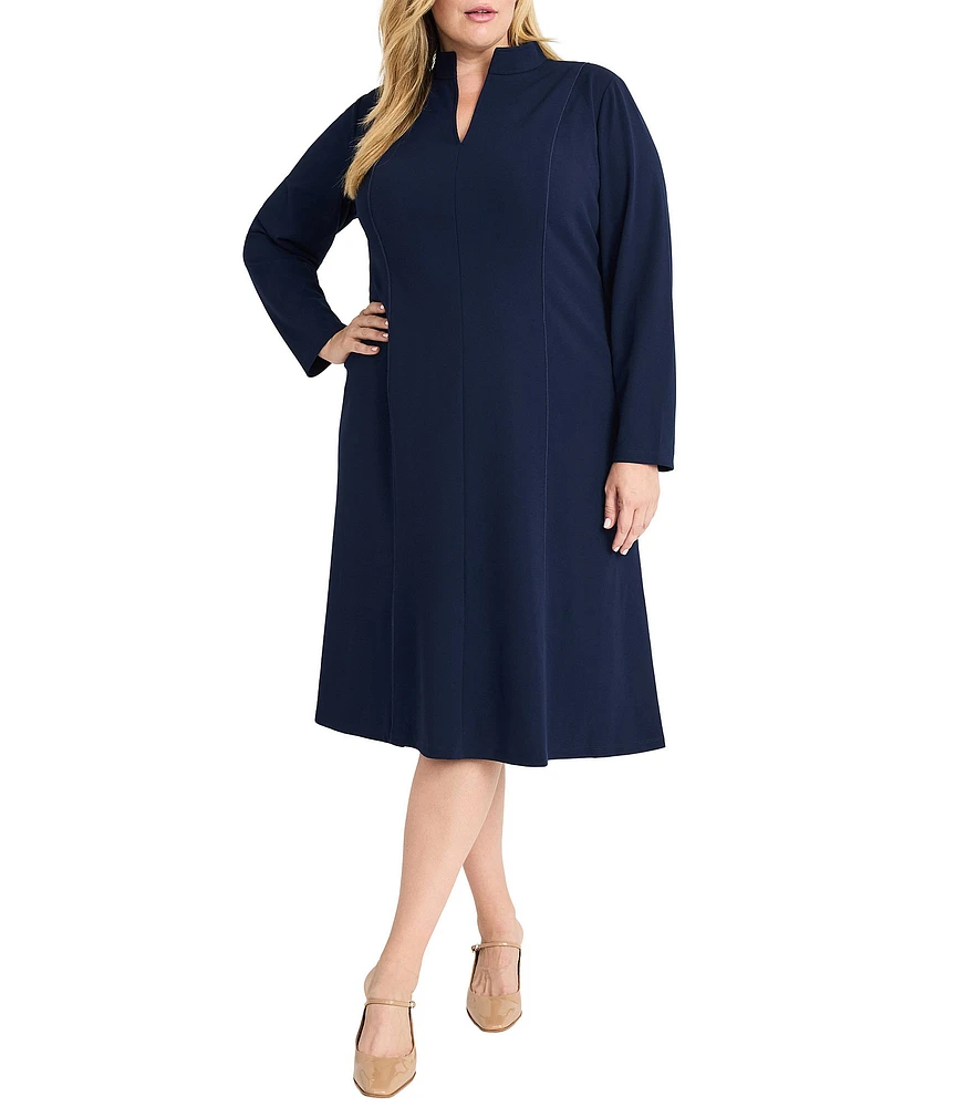 Maggy London Plus Size V-Neck Long Sleeve Slit Sheath Midi Dress