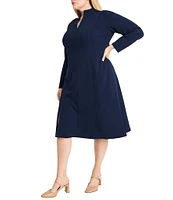 Maggy London Plus Size V-Neck Long Sleeve Slit Sheath Midi Dress