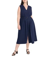 Maggy London Plus Size V Neck Sleeveless Belted A Line Drapey Twill Midi Dress