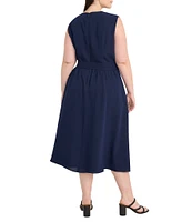 Maggy London Plus Size V Neck Sleeveless Belted A Line Drapey Twill Midi Dress