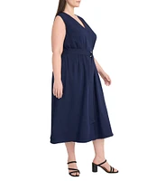 Maggy London Plus Size V Neck Sleeveless Belted A Line Drapey Twill Midi Dress
