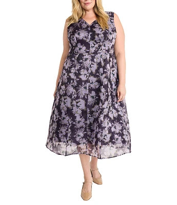 Maggy London Plus Size V-Neck Sleeveless Organza A Line Midi Dress