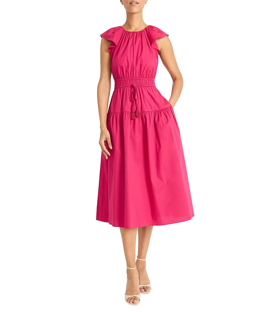 Maggy London Poplin Crew Neck Cap Sleeve A-Line Midi Dress