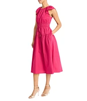 Maggy London Poplin Crew Neck Cap Sleeve A-Line Midi Dress