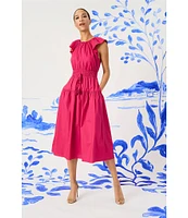 Maggy London Poplin Crew Neck Cap Sleeve A-Line Midi Dress