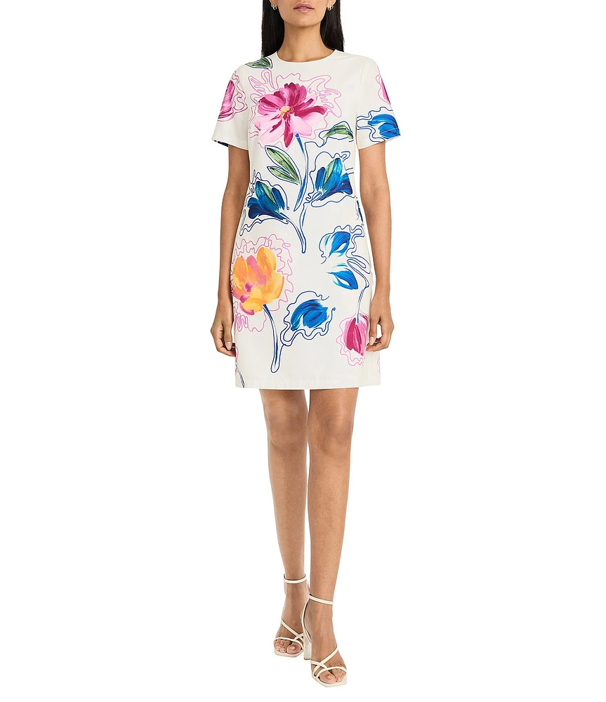 Maggy London Poplin Floral Print Crew Neck Short Sleeve Shift Mini Dress