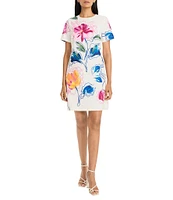 Maggy London Poplin Floral Print Crew Neck Short Sleeve Shift Mini Dress