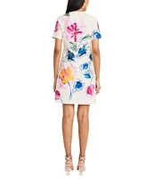 Maggy London Poplin Floral Print Crew Neck Short Sleeve Shift Mini Dress