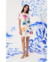 Maggy London Poplin Floral Print Crew Neck Short Sleeve Shift Mini Dress