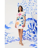 Maggy London Poplin Floral Print Crew Neck Short Sleeve Shift Mini Dress