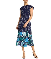 Maggy London Printed Georgette Crew Neck Short Sleeve Back Ruffle A-Line Dress