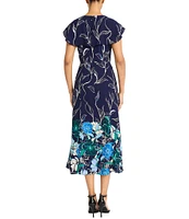 Maggy London Printed Georgette Crew Neck Short Sleeve Back Ruffle A-Line Dress
