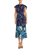 Maggy London Printed Georgette Crew Neck Short Sleeve Back Ruffle A-Line Dress
